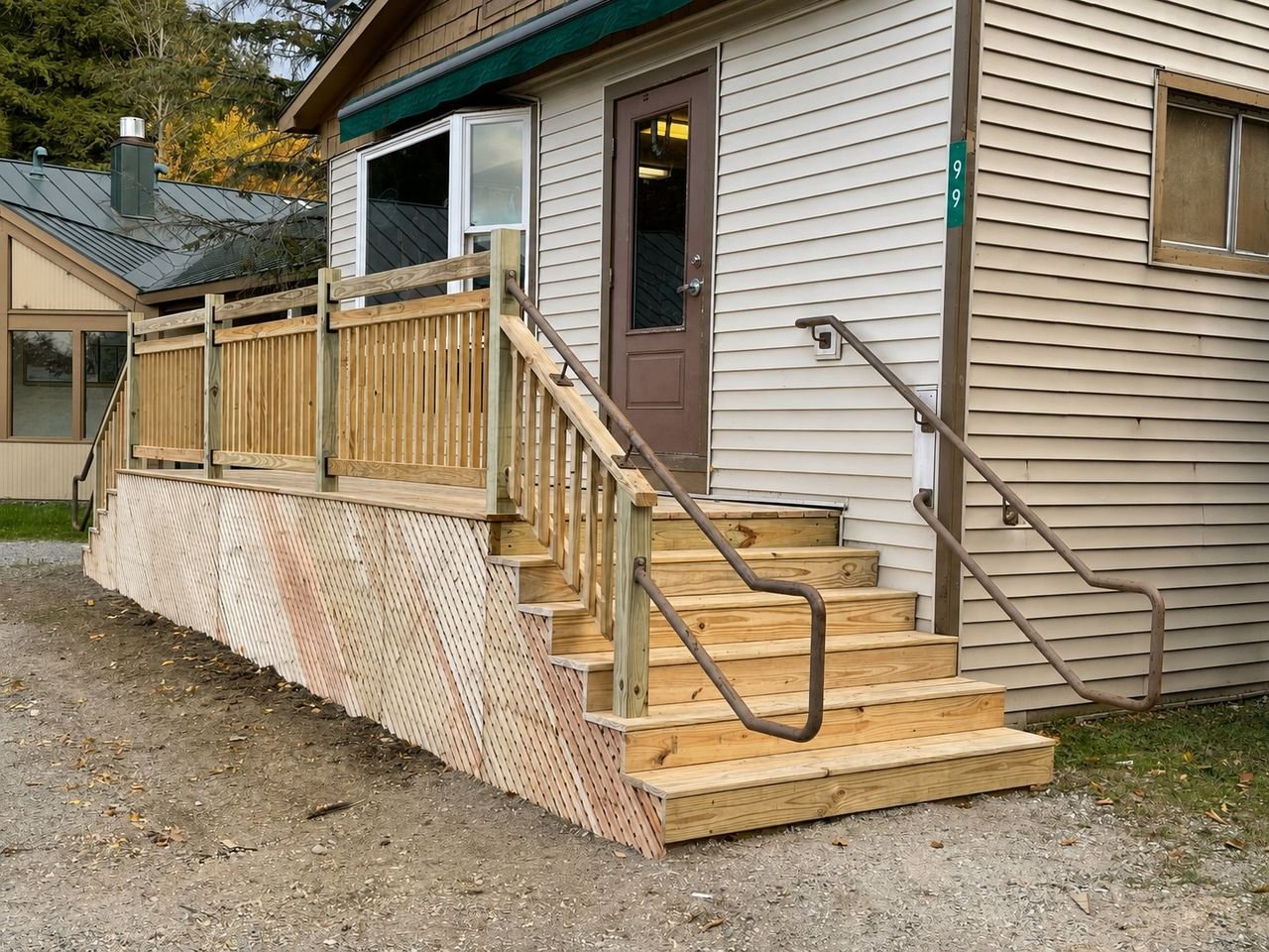 Timber entry stairs and ramp with a handrail at a side door